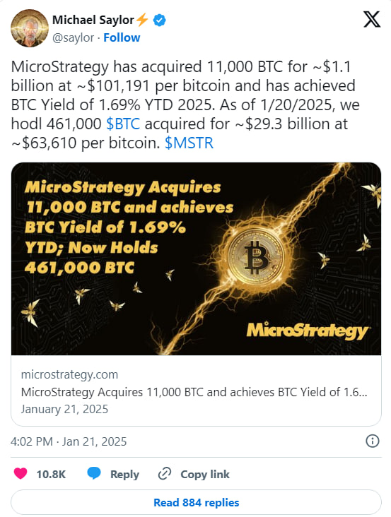 MicroStrategy купила 11 000 BTC на $1,1 млрд, резервы растут