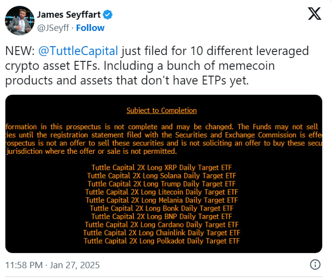 Tuttle Capital appliqué à 10 crypto -etf, y compris les memcoirs - La Crypto Monnaie