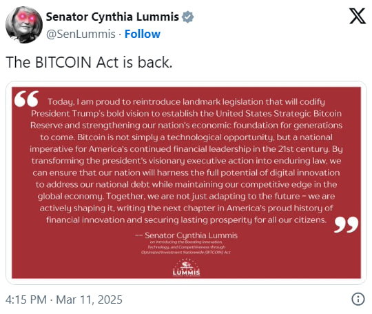 Сенатор Ламмис вновь предлагает BITCOIN Act: ставка на 1 млн BTC