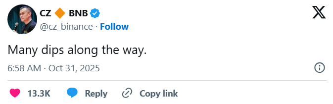 photo_2_2025-10-31_18-18-19 Основатель Binance Чанпэн Чжао (CZ) заявил, что рынок еще не завершил фазу снижения. После выступления главы ФРС Джерома Пауэлла биткоин просел ниже $107 000, а общие ликвидации по позициям превысили $300 млн за сутки. На фоне этого CZ отметил: